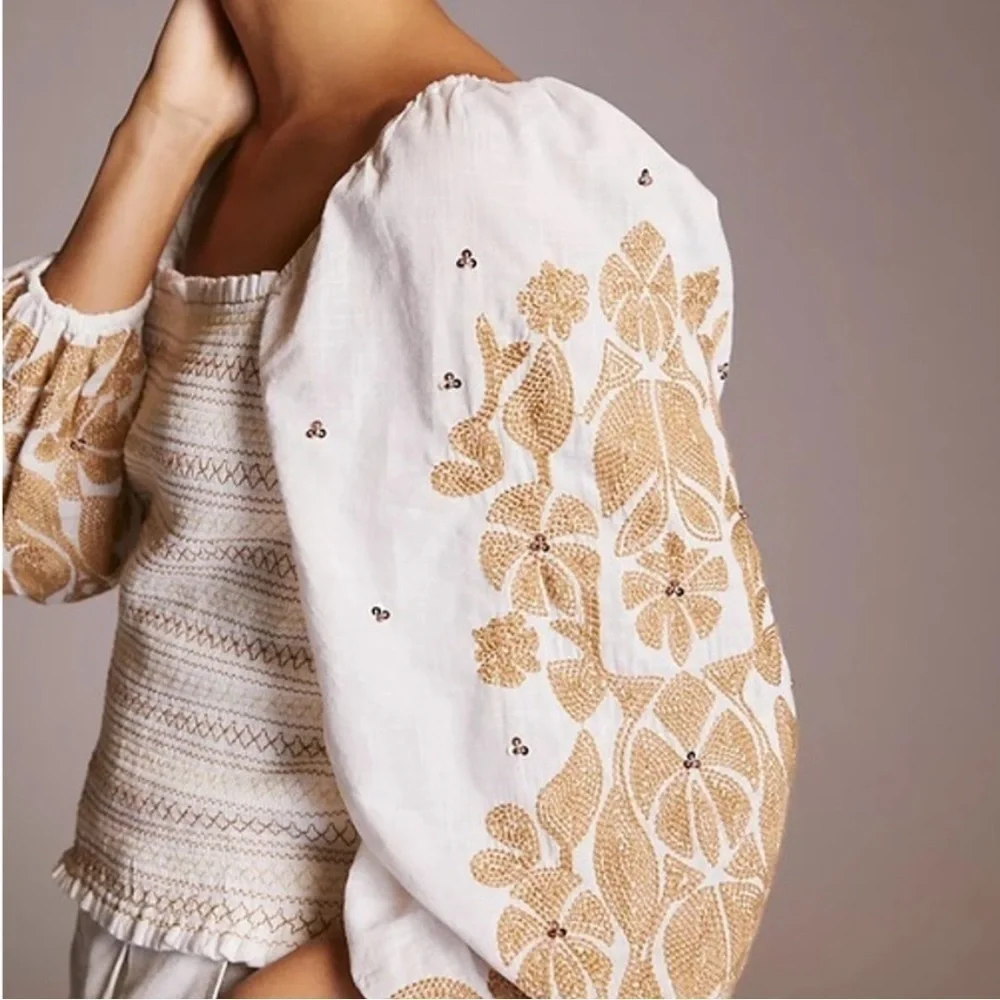NWT Anthropologie Smocked Embroidered Puff Sleeve Square Neck Top